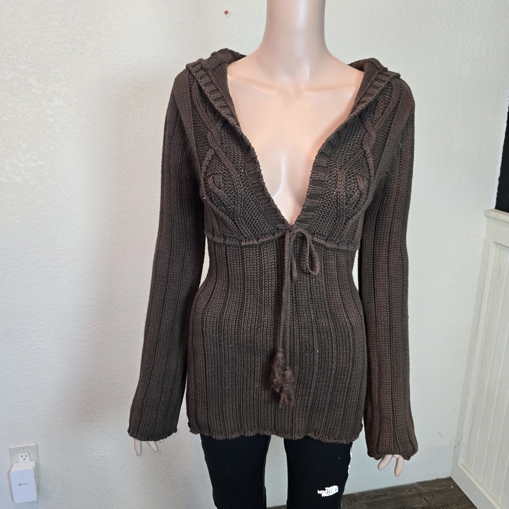 vtg Levi's Y2k brown cable knit open front coquette long cardigan sweater Medium